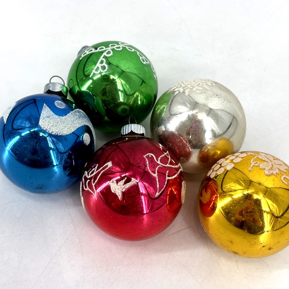 Vintage Lot 5‎ Stenciled Christmas Ornaments Mercury Glass Shiny Brite Made USA